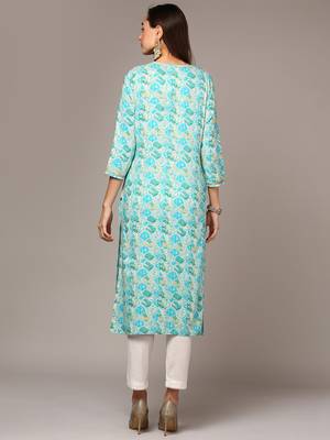 women turquoise blue viscose rayon ethnic motifs embroidered straight kurta 4