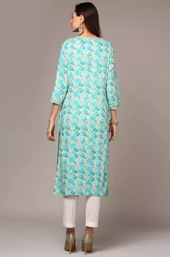 women turquoise blue viscose rayon ethnic motifs embroidered straight kurta