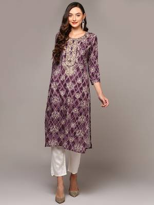 women purple viscose rayon ethnic motifs embroidered straight kurta 1