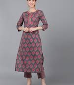 women mauve cotton ethnic motifs embroidered straight kurta