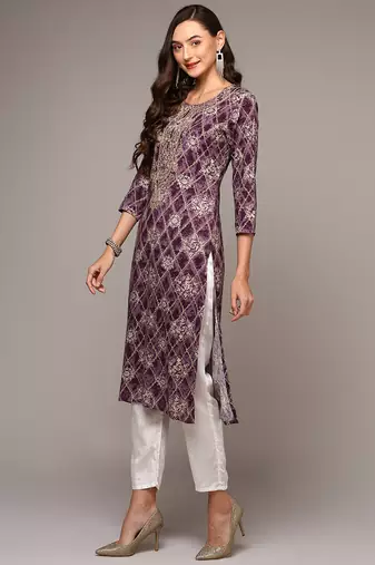 women purple viscose rayon ethnic motifs embroidered straight kurta