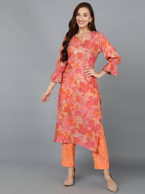 women peach silk blend floral printed straight kurta 1