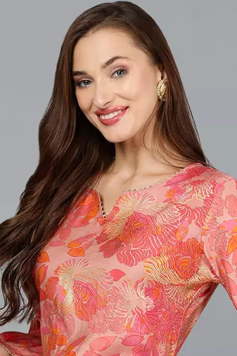 women peach silk blend floral printed straight kurta
