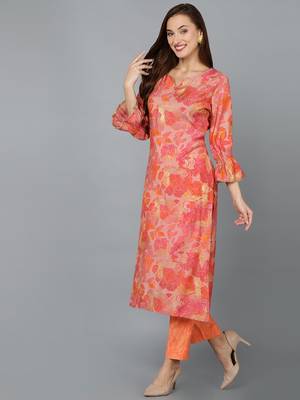 women peach silk blend floral printed straight kurta 3