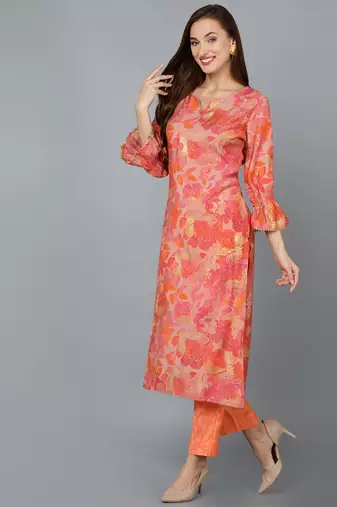 women peach silk blend floral printed straight kurta