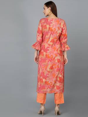 women peach silk blend floral printed straight kurta 4