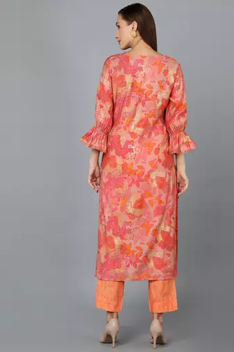 women peach silk blend floral printed straight kurta