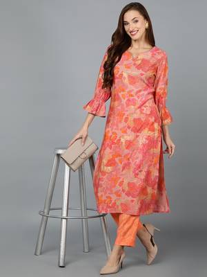 women peach silk blend floral printed straight kurta 5