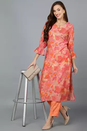 women peach silk blend floral printed straight kurta
