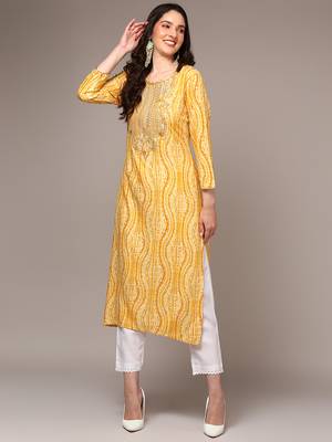 women yellow viscose rayon abstract embroidered straight kurta 1