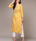 women yellow viscose rayon abstract embroidered straight kurta
