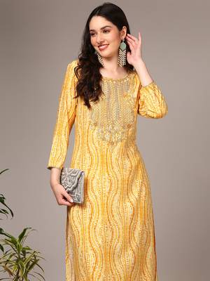 women yellow viscose rayon abstract embroidered straight kurta 2