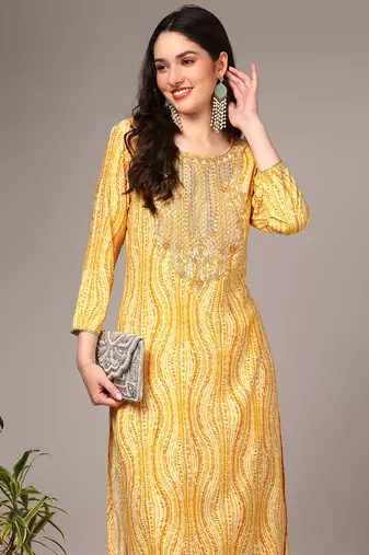 women yellow viscose rayon abstract embroidered straight kurta