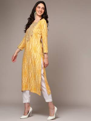 women yellow viscose rayon abstract embroidered straight kurta 3
