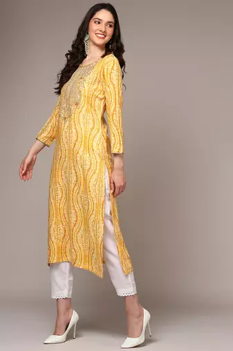 women yellow viscose rayon abstract embroidered straight kurta
