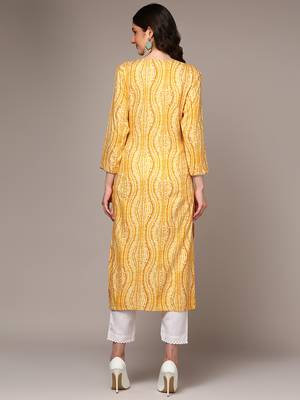 women yellow viscose rayon abstract embroidered straight kurta 4