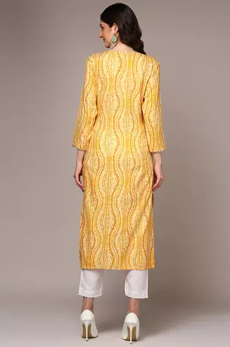 women yellow viscose rayon abstract embroidered straight kurta