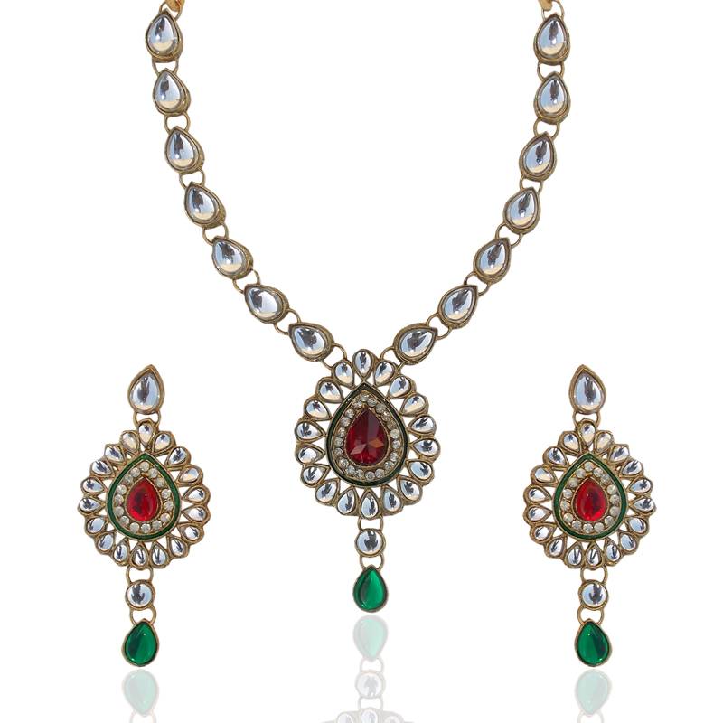 Red Green Kundan Like Work Necklace Set b160mg