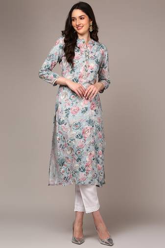 women blue viscose rayon floral printed straight kurta