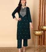 women green silk blend solid embroidered straight kurta