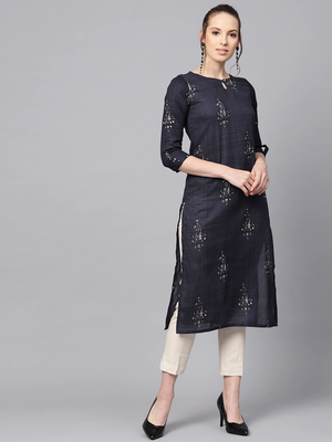 women navy blue rayon blend ethnic motifs printed straight kurta 1