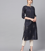 women navy blue rayon blend ethnic motifs printed straight kurta