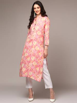 women pink viscose rayon floral printed straight kurta 1