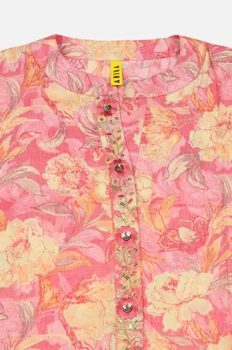 women pink viscose rayon floral printed straight kurta