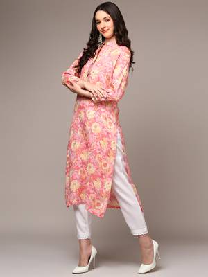 women pink viscose rayon floral printed straight kurta 3