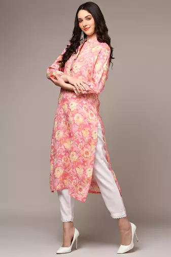 women pink viscose rayon floral printed straight kurta