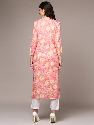 women pink viscose rayon floral printed straight kurta 4