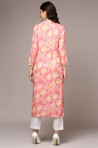 women pink viscose rayon floral printed straight kurta