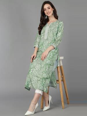 women green silk blend ethnic motifs printed straight kurta 1