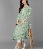 women green silk blend ethnic motifs printed straight kurta