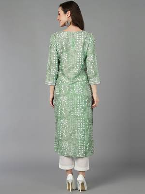 women green silk blend ethnic motifs printed straight kurta 2