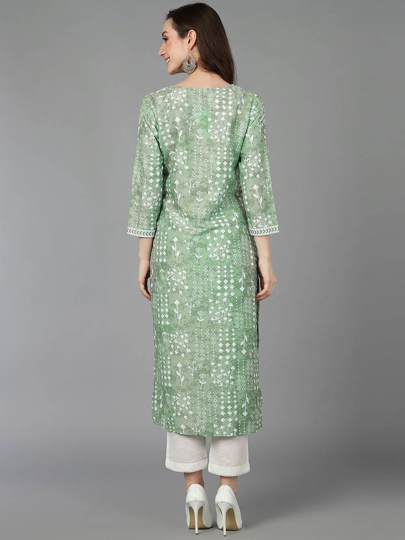 women green silk blend ethnic motifs printed straight kurta
