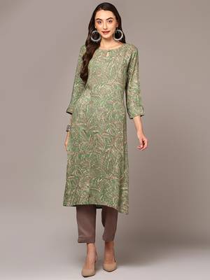 women green viscose rayon ethnic motifs printed straight kurta 1