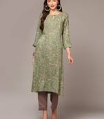 women green viscose rayon ethnic motifs printed straight kurta