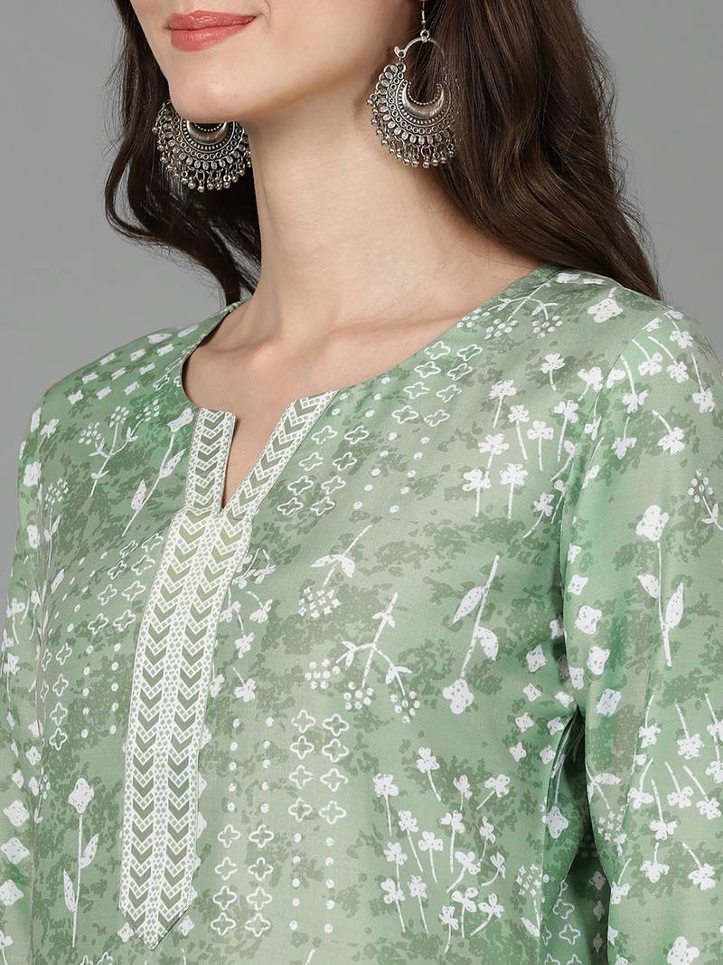 women green silk blend ethnic motifs printed straight kurta