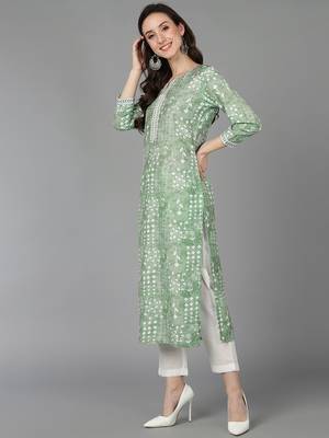 women green silk blend ethnic motifs printed straight kurta 4