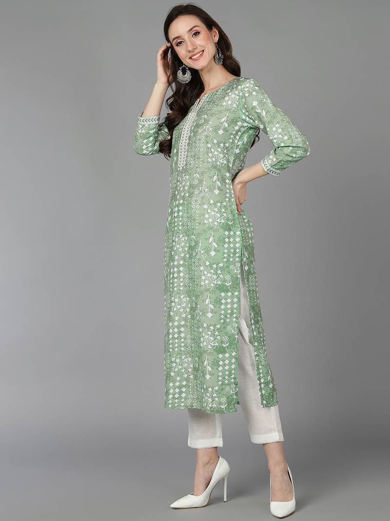 women green silk blend ethnic motifs printed straight kurta