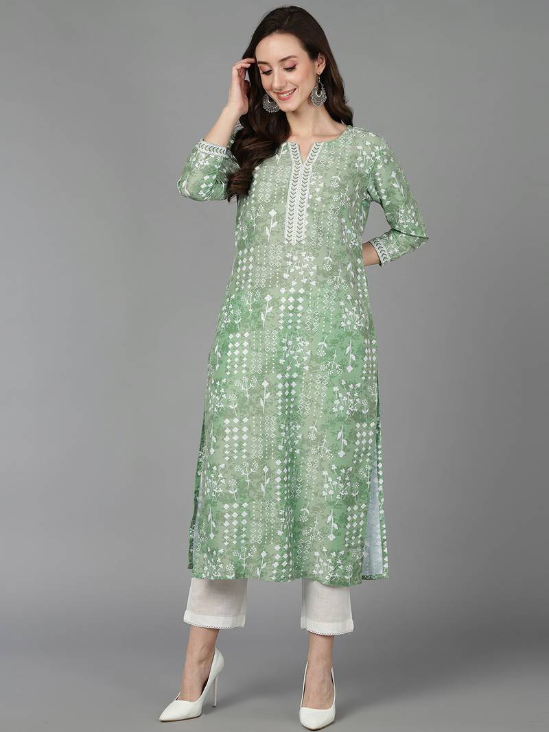women green silk blend ethnic motifs printed straight kurta