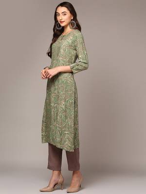 women green viscose rayon ethnic motifs printed straight kurta 3