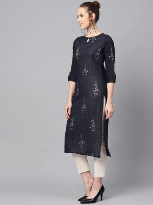 women navy blue rayon blend ethnic motifs printed straight kurta 3