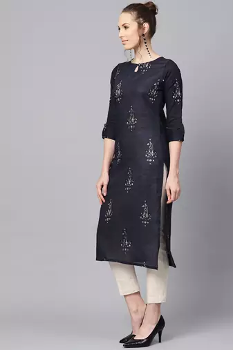 women navy blue rayon blend ethnic motifs printed straight kurta