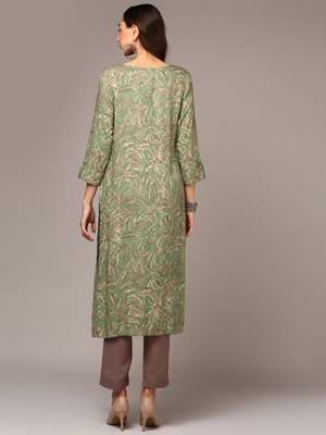 women green viscose rayon ethnic motifs printed straight kurta 4