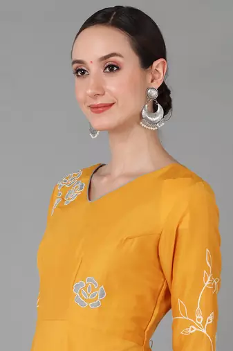 women mustard chanderi silk solid embroidered anarkali kurta