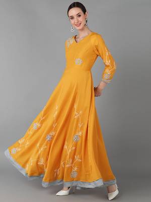 women mustard chanderi silk solid embroidered anarkali kurta 4