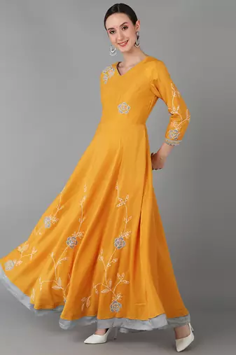 women mustard chanderi silk solid embroidered anarkali kurta