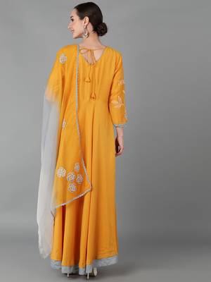 women mustard chanderi silk solid embroidered anarkali kurta 5